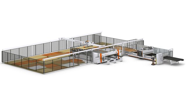 Система хранения пластин HOLZHER с горизонтальной панельной пилой и вставкой CNC-машины Решения для хранения STORE-MASTER с пилой и гнездованием